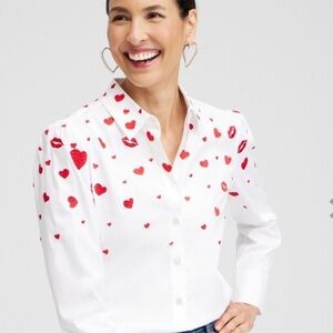 Chico’s Red Lips & Hearts shirt blouse button down SZ 2